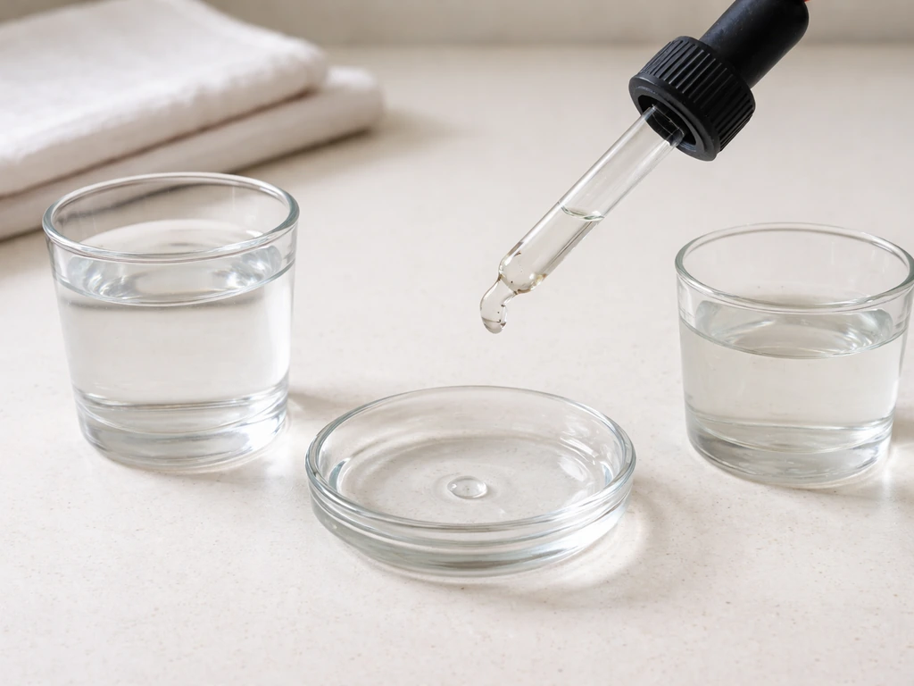 Minimal photo of an eyedropper dispensing a single drop into a small dish beside a glass of room-temperature water