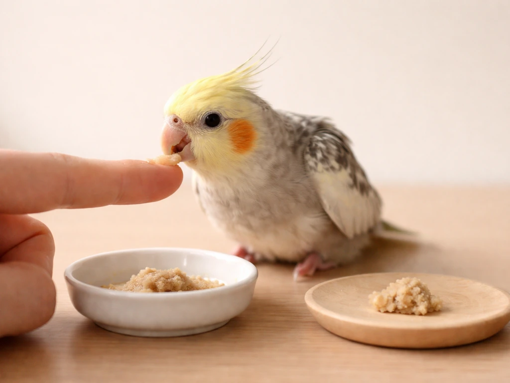 Close-up of a small bird near a shallow dish with food at beak level for hand-feeding