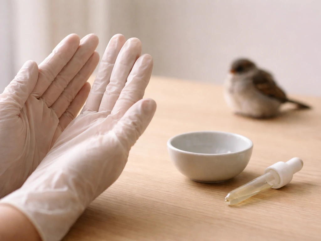 Close-up of gloved hands gently stopping force-feeding, with an empty feeding bowl nearby