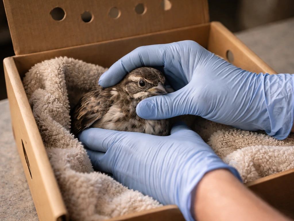 Gloved rescuer stabilizing an injured wild bird inside a ventilated, padded transport box.