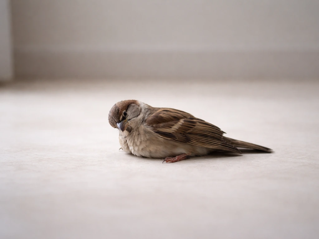 Injured bird on the ground with head tilted and unable to hold it up, non-diagnostic caution framing.
