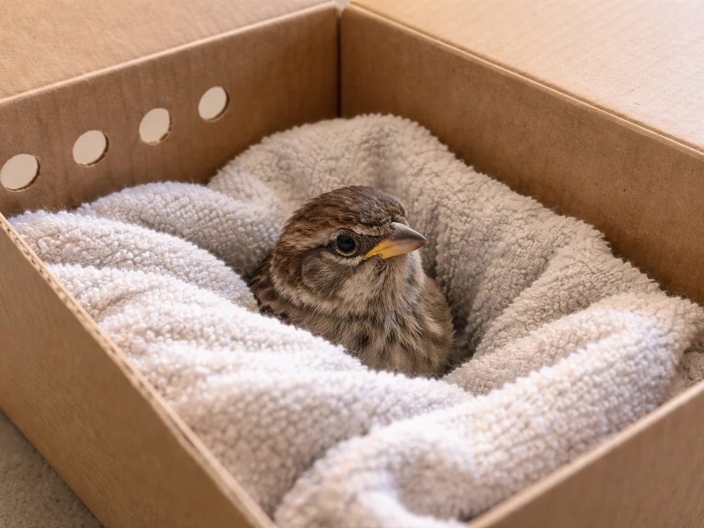 Close-up of a ventilated cardboard box lined with a crumpled towel nest supporting a bird’s head and neck