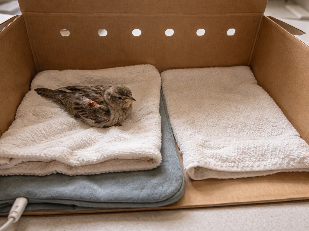 Injured bird resting in a carrier with a heating pad under half the box for warmth and monitoring