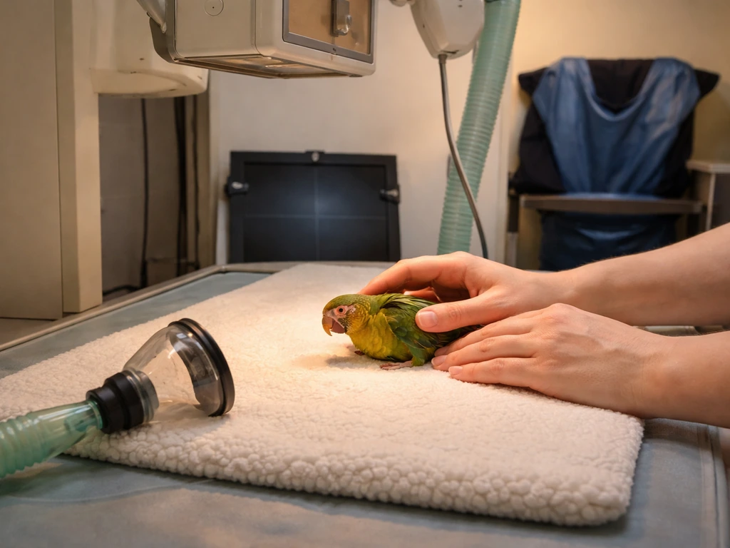 Avian vet stabilizing and preparing a bird for X-ray in a quiet exam room