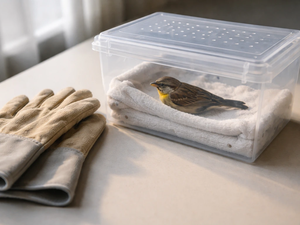 Small bird in a ventilated recovery box with thick gloves beside it for safe first aid