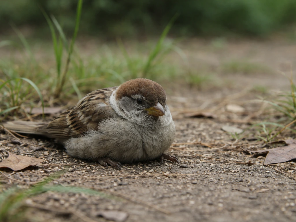 A small bird lying low and motionless in grass and leaves, looking sluggish and unresponsive.