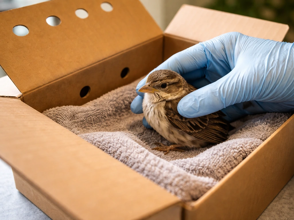 Gloved hands place a small injured bird into a ventilated box lined with a soft towel for containment.