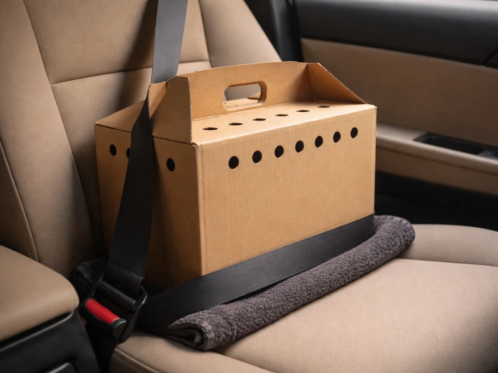 Car seat with a securely closed pet transport box wedged to prevent sliding, no people present.