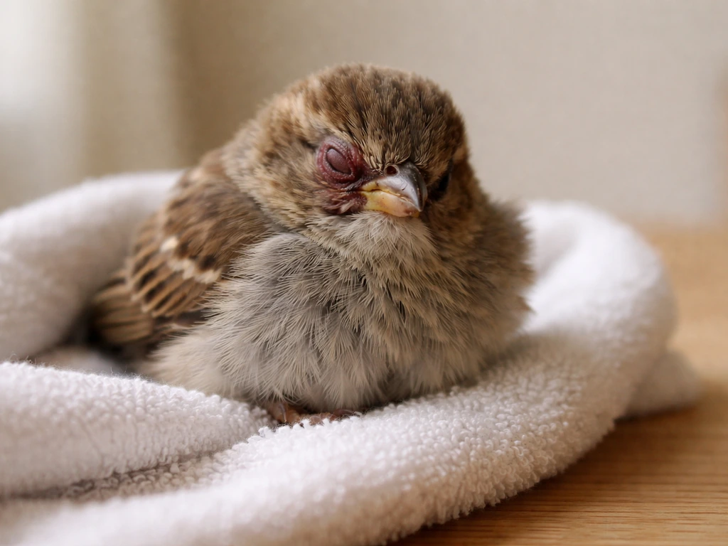 Injured wild bird with one eye partially closed, calm but alert in a quiet setting.