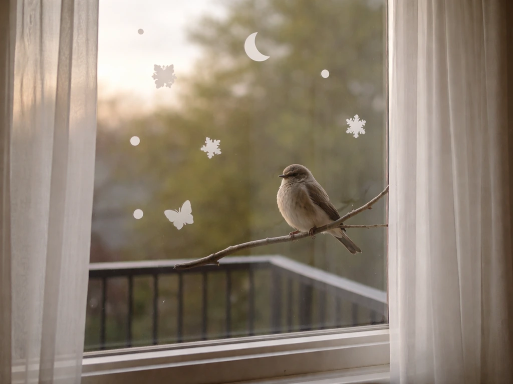 Small songbird near a residential window with visible bird-safe decals/curtains outside the glass