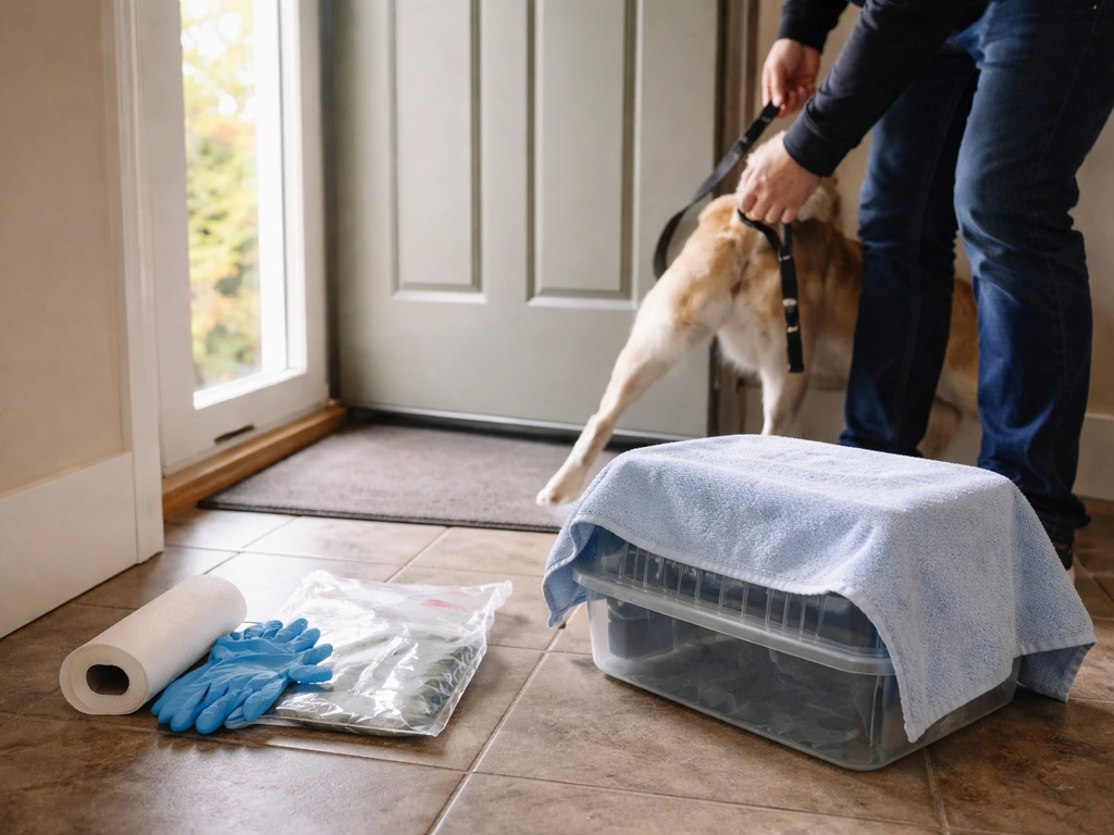 Gloved cleanup kit and leash held back near a safe, contained bird for emergency cleanup steps