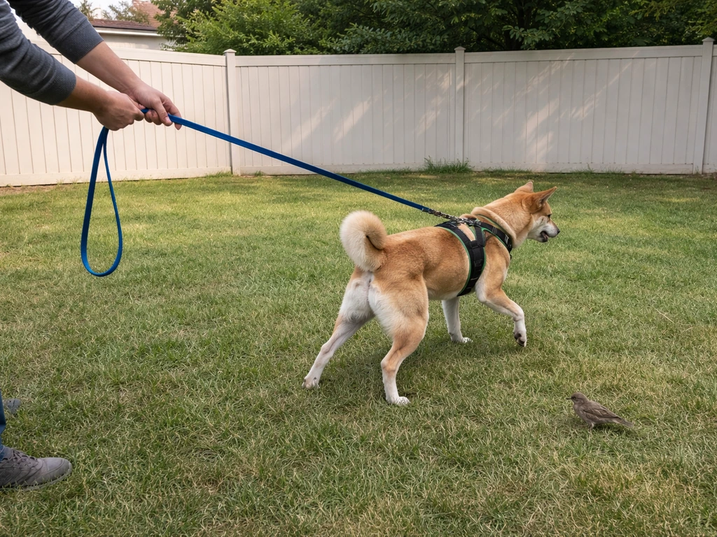 A leashed dog is calmly guided away from an untouched bird on the ground.