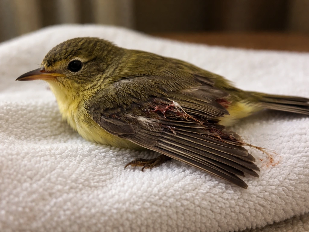 Close-up of an injured small bird with a broken-looking wing and minor bleeding wounds
