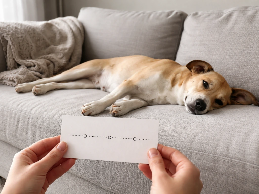 Lethargic dog lying on a couch while a concerned owner holds a blank monitoring card for 24–72 hours