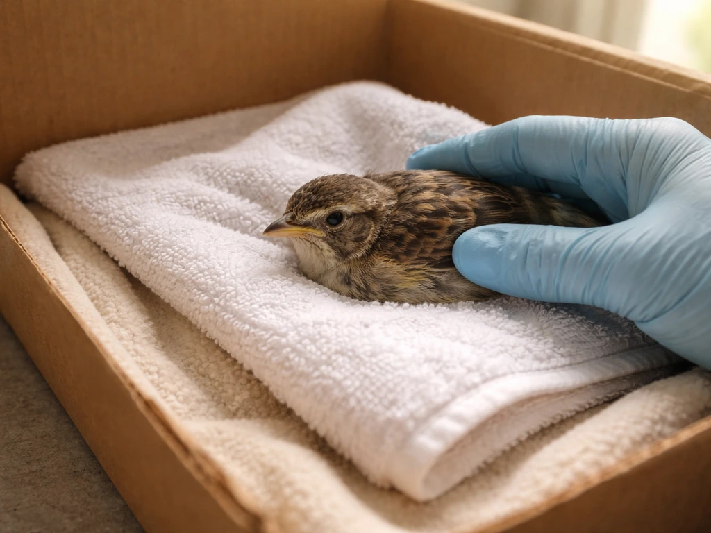Injured wild bird resting on a soft towel while a caregiver prepares gentle first-aid