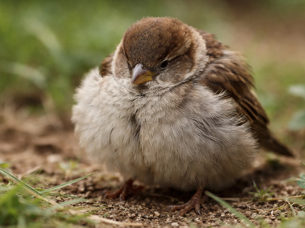 Close-up of a small wild bird fluffed up with puffy feathers, showing abnormal breathing posture.