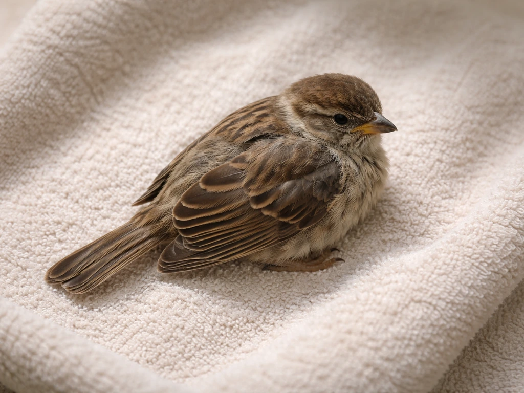 Top-down view of a small injured bird on a towel, showing a subtle drooping wing area.