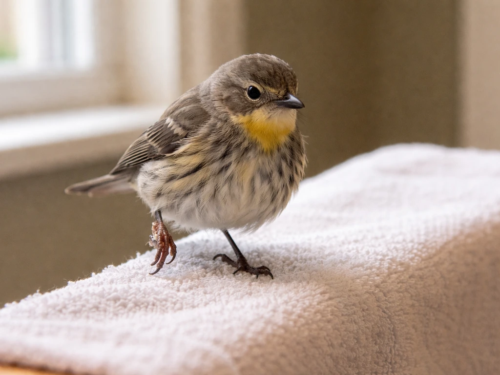 Small bird perched awkwardly, holding one leg up and limping with poor grip