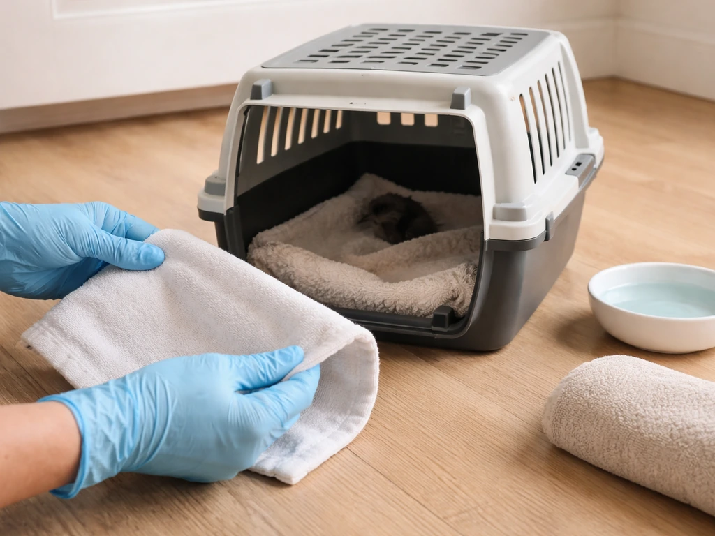Gloved hands use a cloth barrier beside a ventilated carrier lined with a towel for an injured bird.