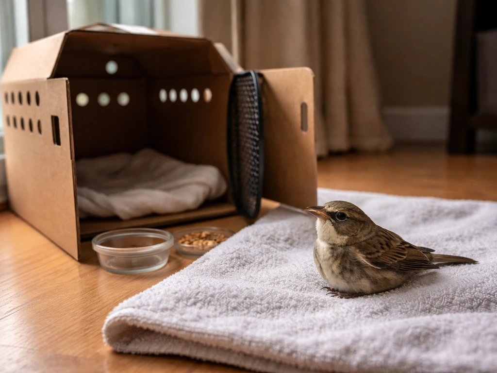Stunned small bird resting by a dark ventilated carrier near a window for safe recovery