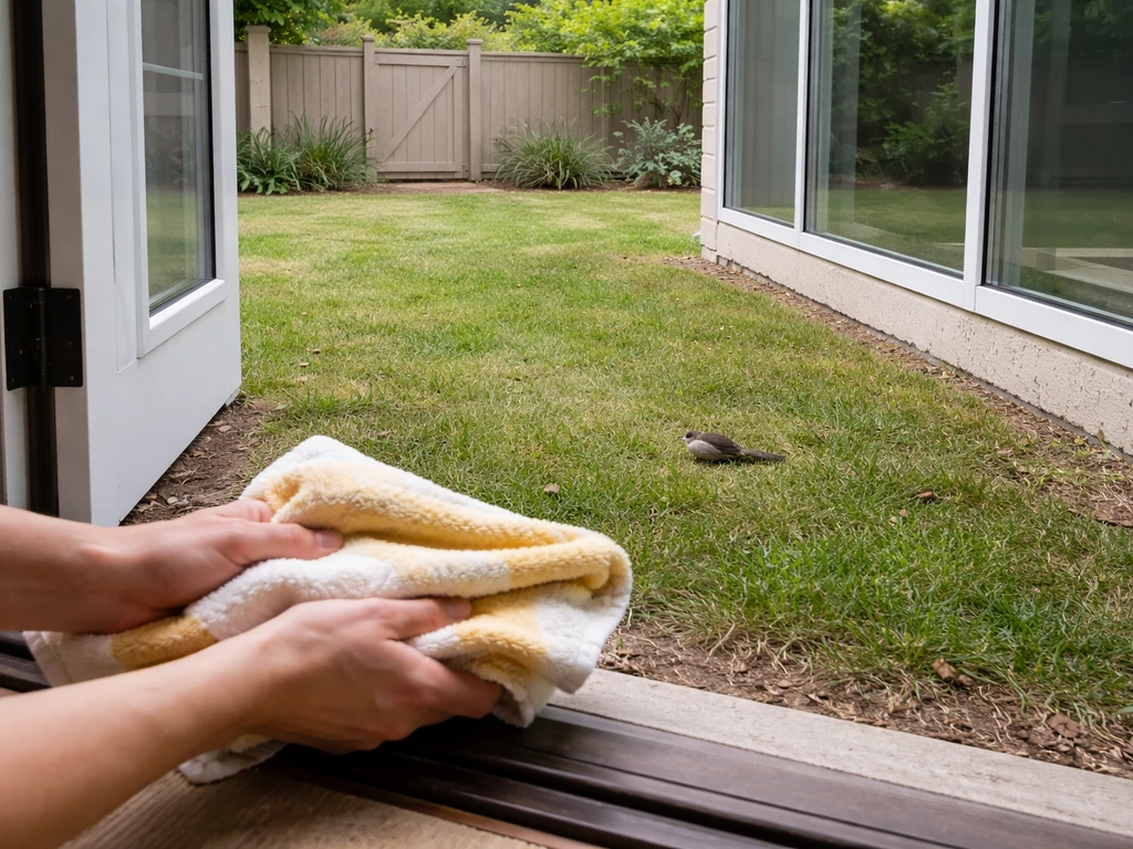 Anonymous rescuer keeps a safe backyard perimeter while checking a small bird on the grass after a collision.