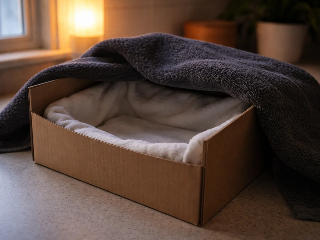 A lined cardboard box with a dark towel cover on a counter, set up to keep a bird warm and secure.