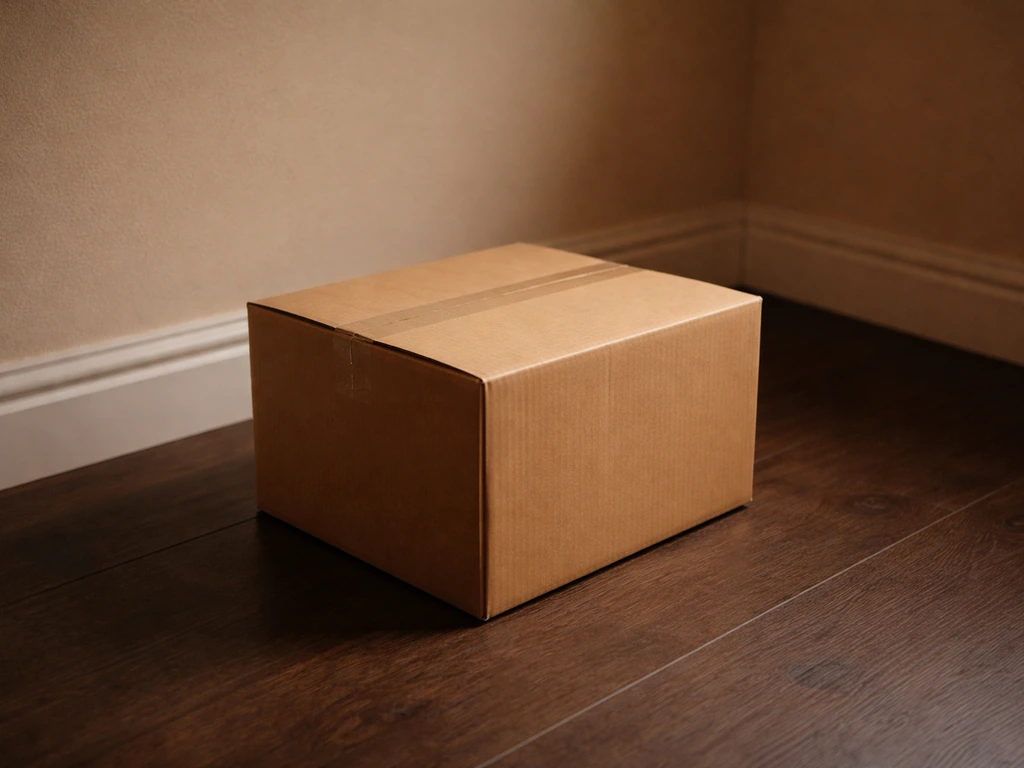 Closed cardboard recovery box in a warm, quiet dark indoor corner near a wall