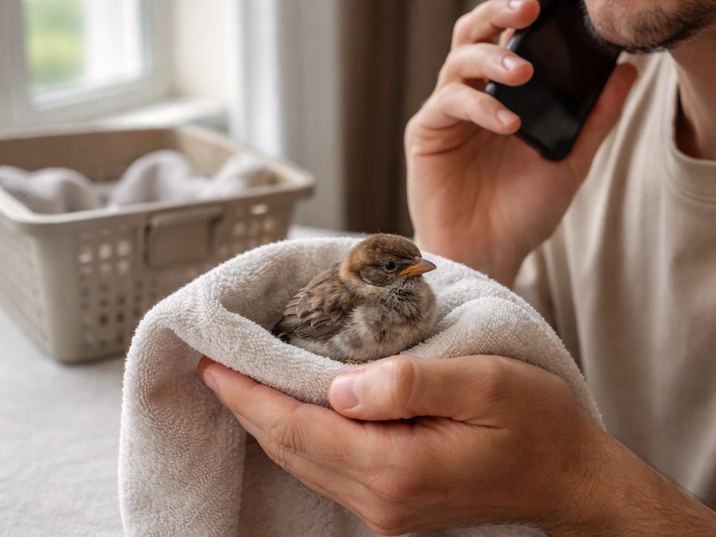 Hands holding a small rescued bird and calling on a smartphone, with a lined carrier nearby.