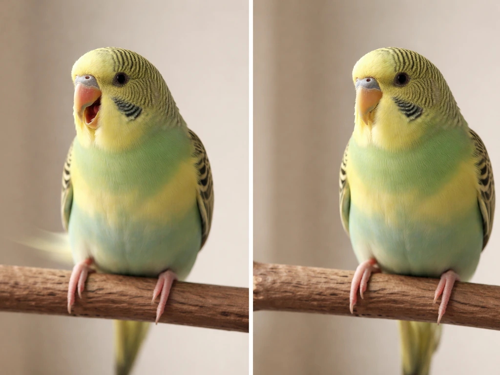 Minimal split image: bird with open-mouth gasping and tail bobbing vs bird resting calmly with closed mouth.