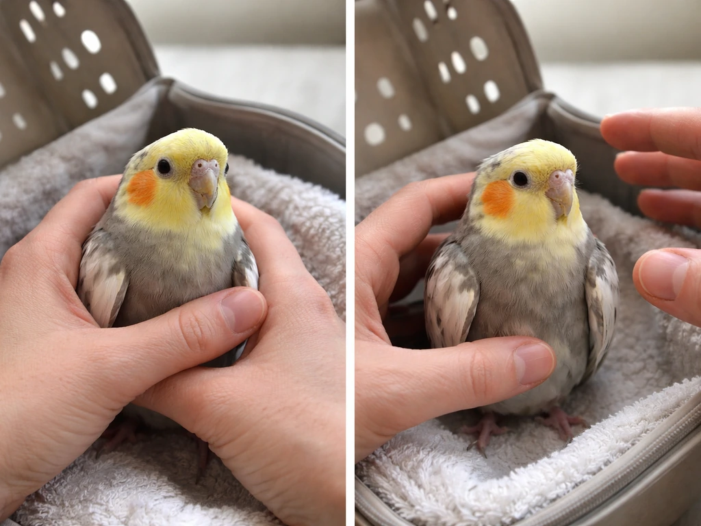 Hands support a small bird from the sides and keep pressure off its chest; container nearby for safe restraint.