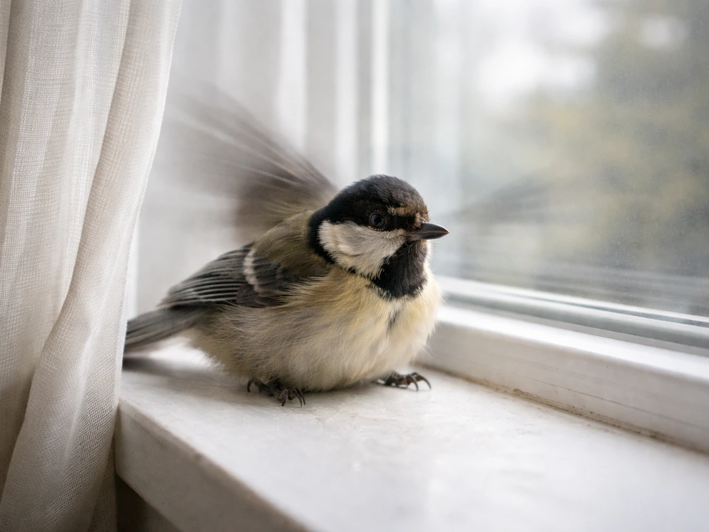 Small bird beside a sheer curtain near a window with motion blur suggesting a recent glass strike.