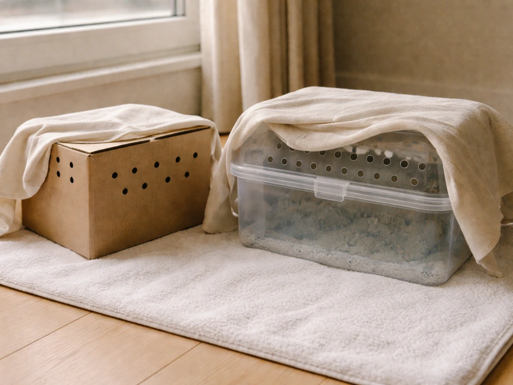 A ventilated bird carrier covered with a light cloth, placed in a quiet cool spot for safe waiting