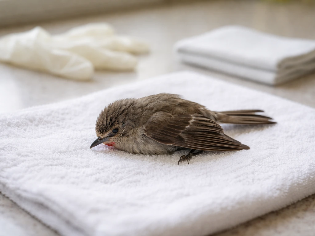 Injured bird on a towel with gloves nearby, wing bent and small blood visible, suggesting urgent help.