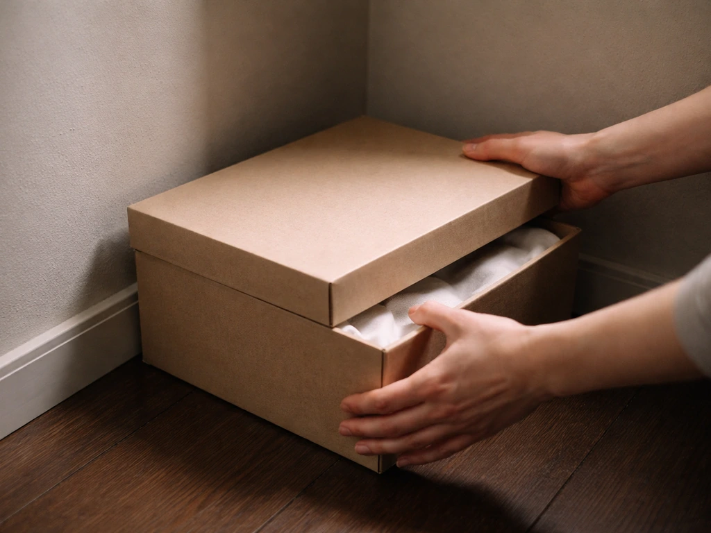 Person’s hands gently placing a closed lined cardboard box in a quiet, dim indoor corner