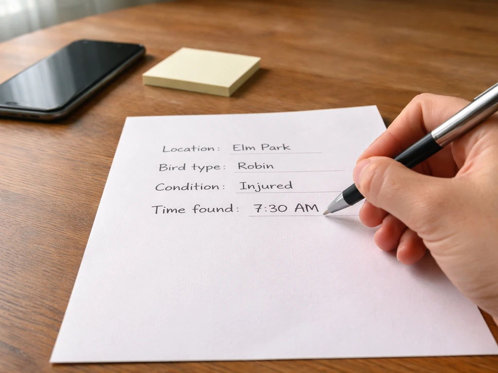 Hand writing a simple phone call note for a bird rescue, with pen and blank fields for details
