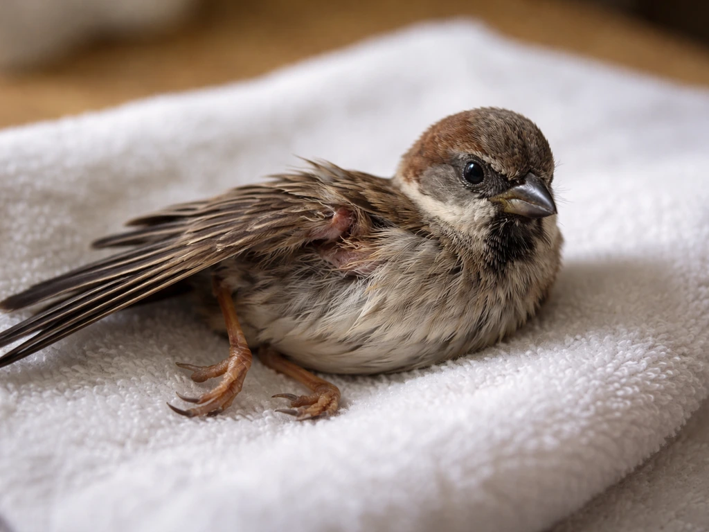 Close-up of a small bird with an injured wing, wet feathers, and signs of distress after an animal attack