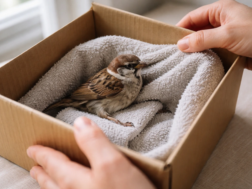 Injured small bird safely wrapped in a towel inside a cardboard box, supported leg kept still.