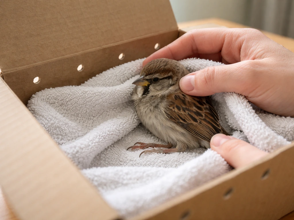 Rescuer’s hands gently stabilize a small bird in a towel-lined box, leaving the leg untouched (no splint).
