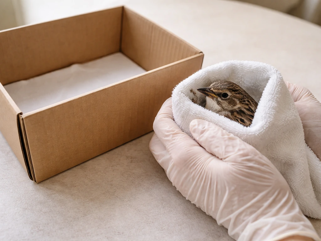 Gloved hands gently scoop a small wild bird wrapped in a light towel, placing it into a lined cardboard box.