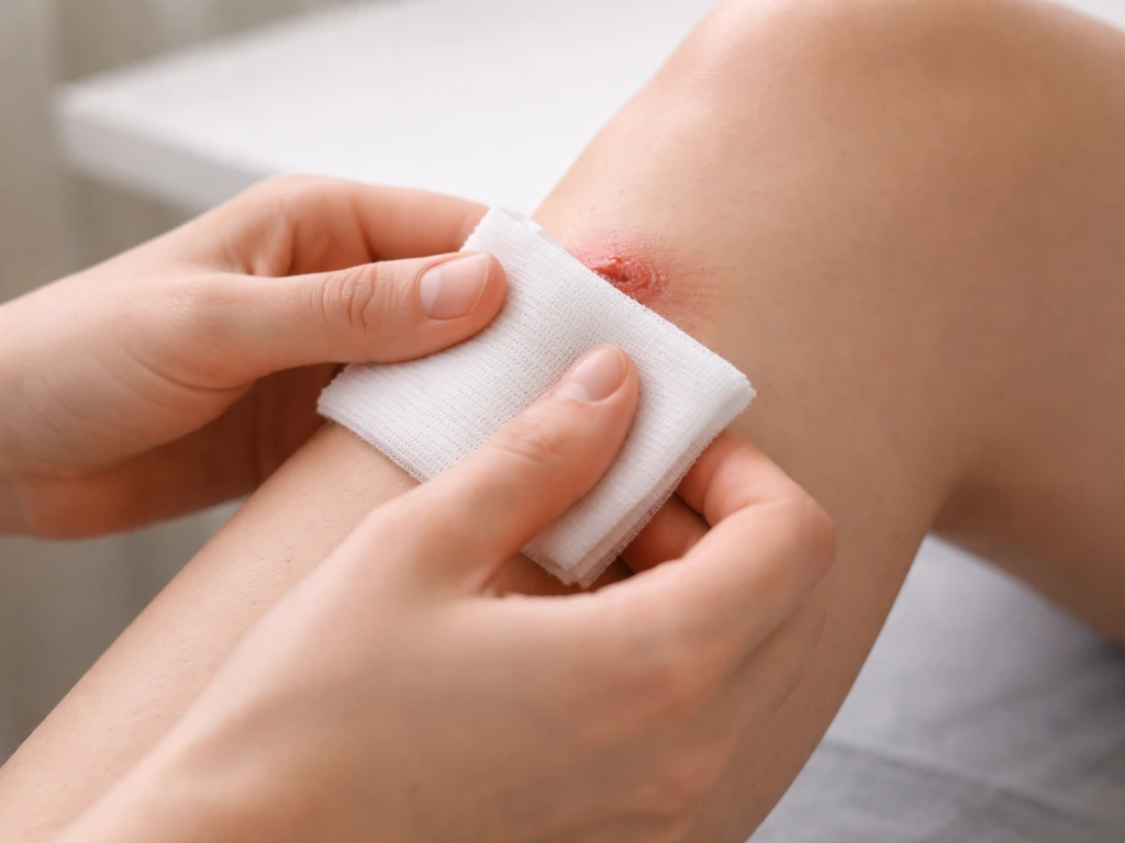Clean gauze lightly pressing an external wound on a leg in soft natural light.