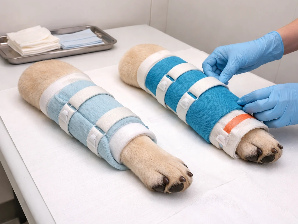Clean veterinary treatment setup showing a splint and bandage on a leg model in a clinical room.