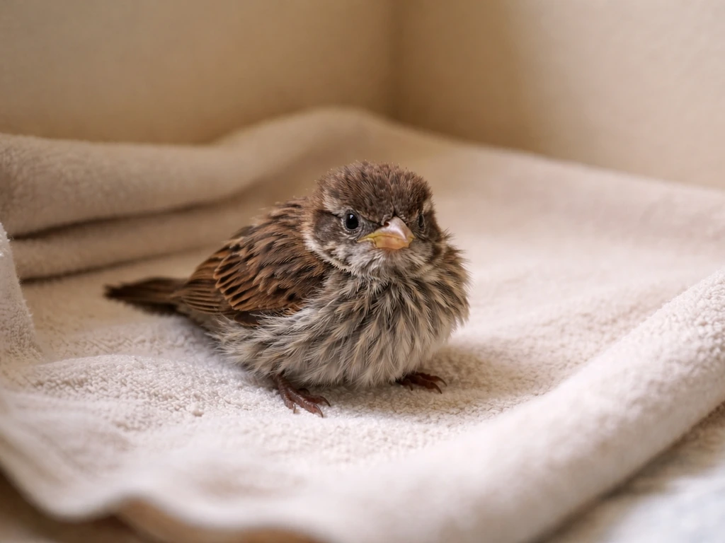 Distressed wild bird resting in a simple safe observation area, shown without people nearby.