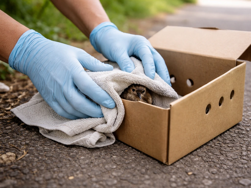 Gloved hands gently covering a small wild bird and placing it into a ventilated box