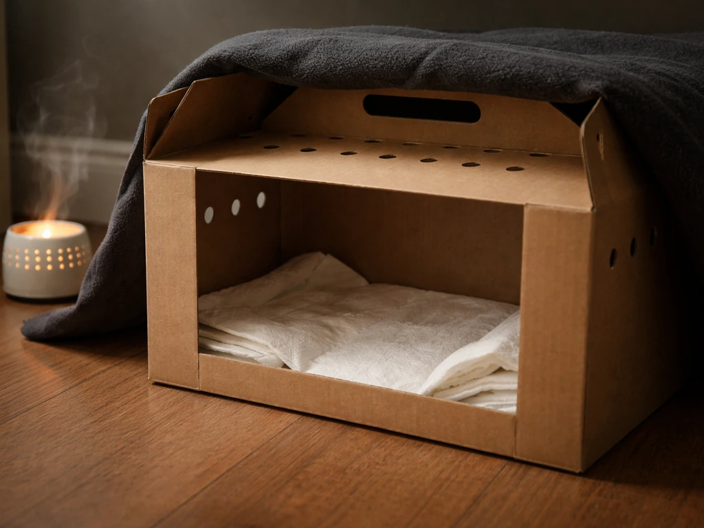 Ventilated cardboard box with soft lining in a quiet dim room, suggesting safe temporary care for a bird.