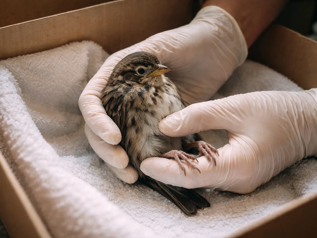 Gloved rescuer gently stabilizes an injured bird’s body and immobile legs inside a lined recovery box.
