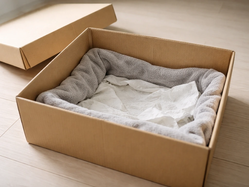 Cardboard box lined with soft cloth and paper towels, ready to safely hold an injured bird.