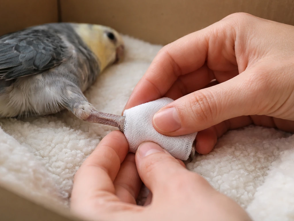 Two hands holding gauze to a small bird’s bleeding leg, steady gentle pressure over soft bedding.