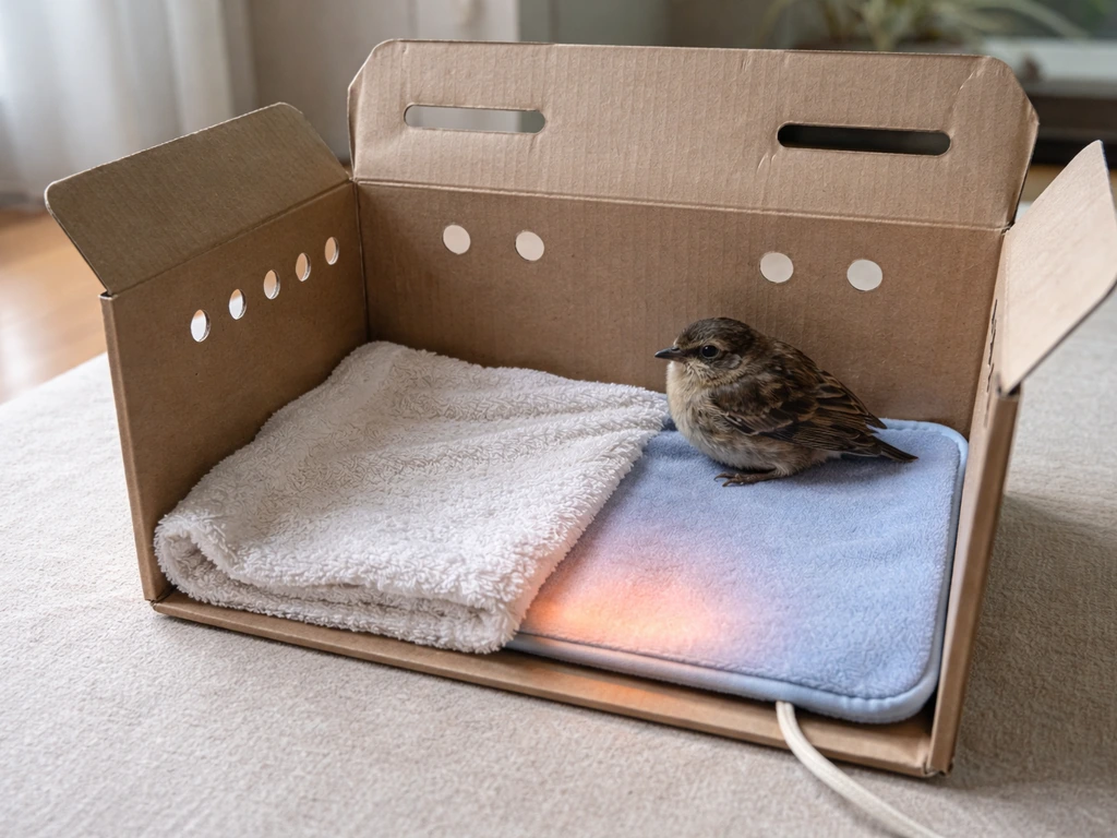 Low heating pad under one half of a bird recovery box, with space for the bird to move away.