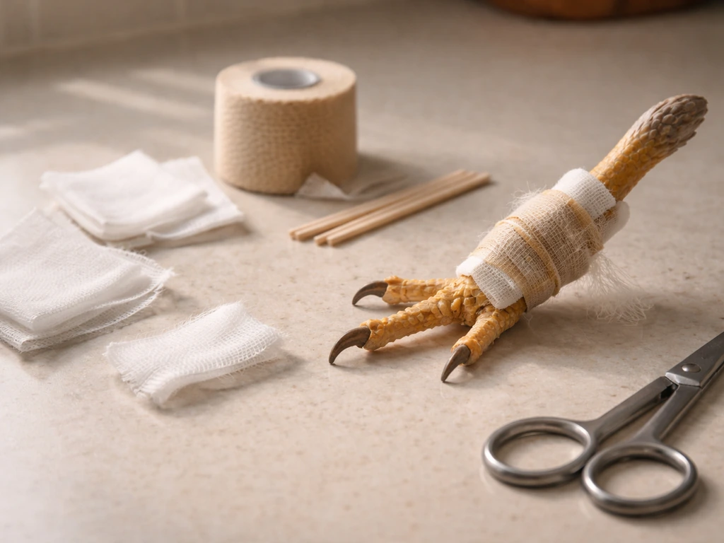 Improper DIY splinting supplies for a bird leg on a kitchen counter, suggesting unsafe untrained handling