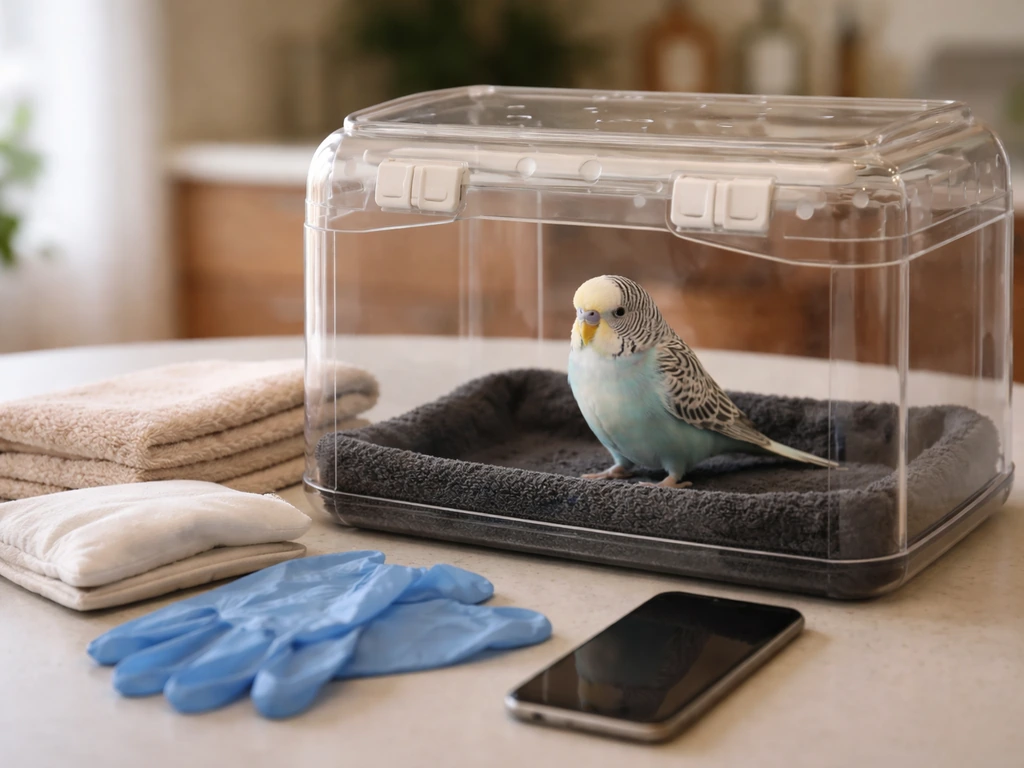 Small bird in a ventilated carrier beside a phone and transport items, signaling urgent vet care